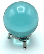 Load image into Gallery viewer, close up of aqua blue obsidian sphere on silver stand