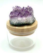 Load image into Gallery viewer, jar with wooden amethyst lid close up