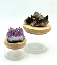 Load image into Gallery viewer, wooden lid jars with smokey quartz and amerhyst clusters 
