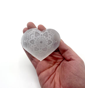 Selenite Engraved Floral Mandala Heart
