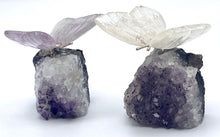 Load image into Gallery viewer, Quartz and Amethyst butterfly on amethyst cluster.
