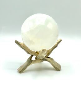 wooden sphere stand with selenite sphere 