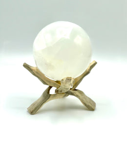 wooden sphere stand with selenite sphere 