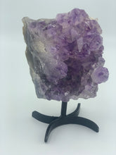 Load image into Gallery viewer, Amethyst cluster  on black metal stand 
