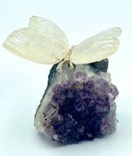 Load image into Gallery viewer, Clear Quartz butterfly on amethyst cluster.

