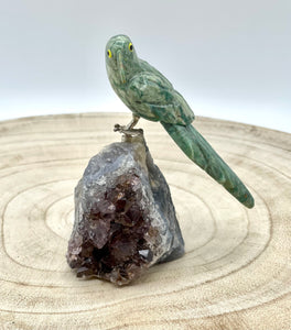 Green bird on Amethyst Cluster