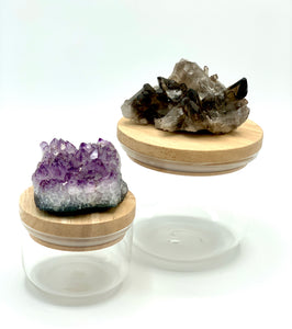 wooden lid jars with smokey quartz and amerhyst clusters 